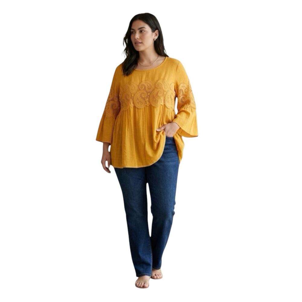 Valerie Stevens Yellow Embroidered Boho Tunic Blouse Bell Sleeve XL NWOT